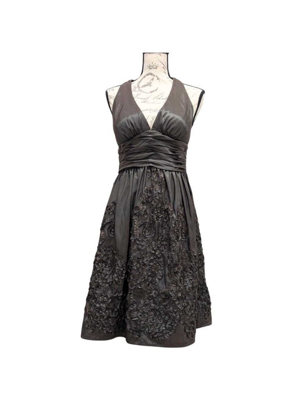 Adrianna Papell Boutique Brown Halter Open-Back 3D Ribbon Appliqué Dress 6 - Picture 2 of 9